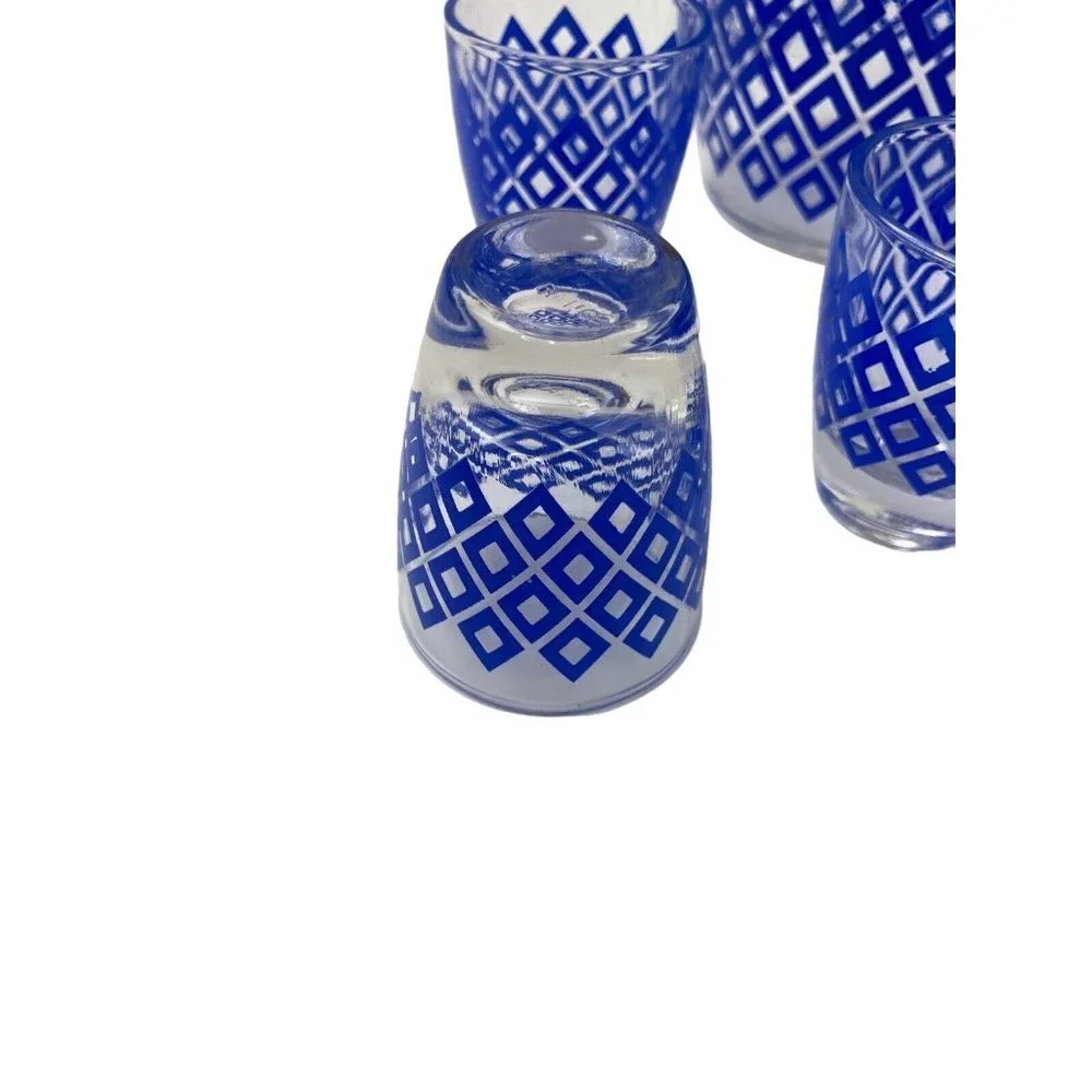 French Liquor Wine Decanter & 6 Shot Glasses Blue Diamond Pattern Barware Bar